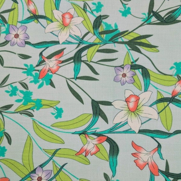 Floral Linen Spandex  Sky Blue